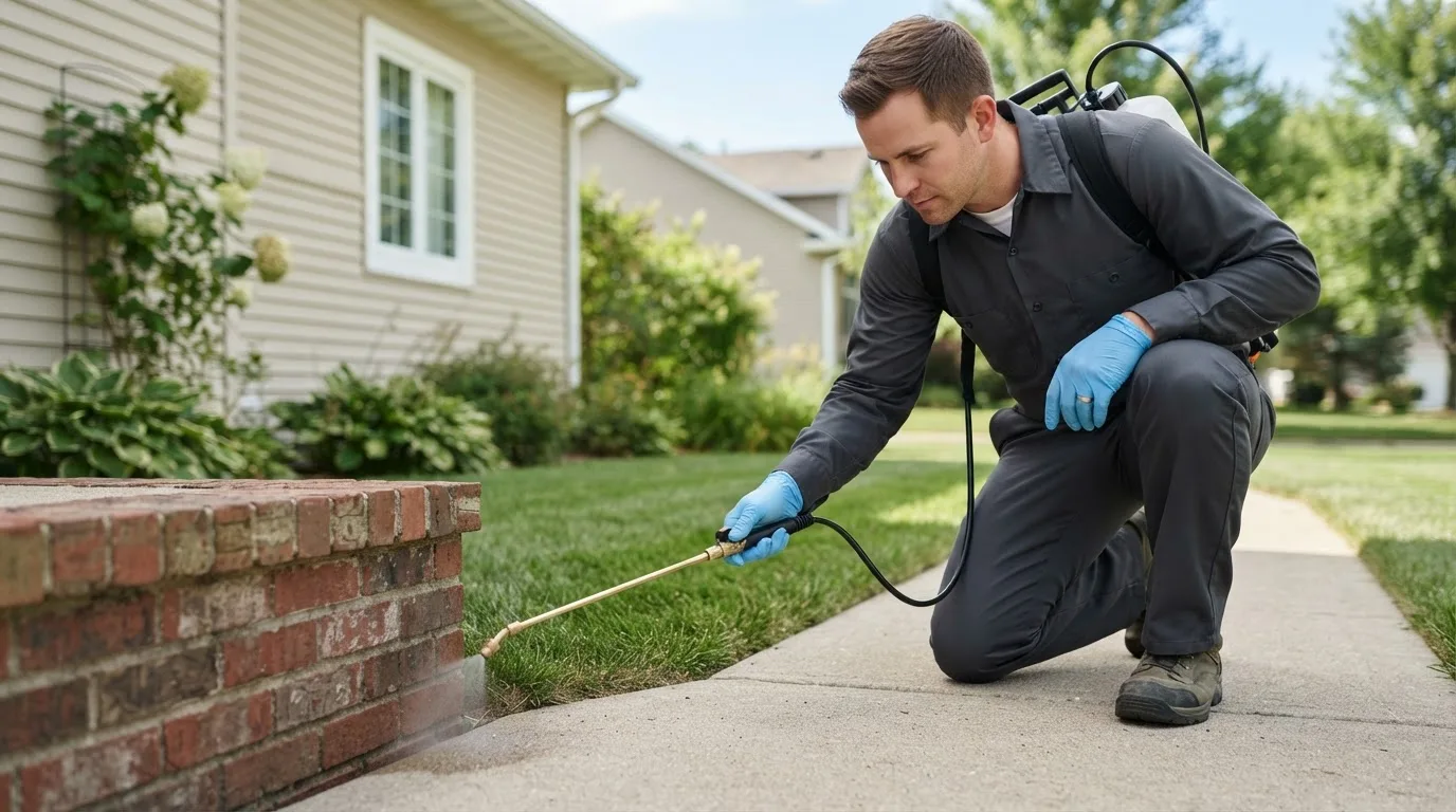 Pest control technician treating a home near Pleasant Prairie, WI