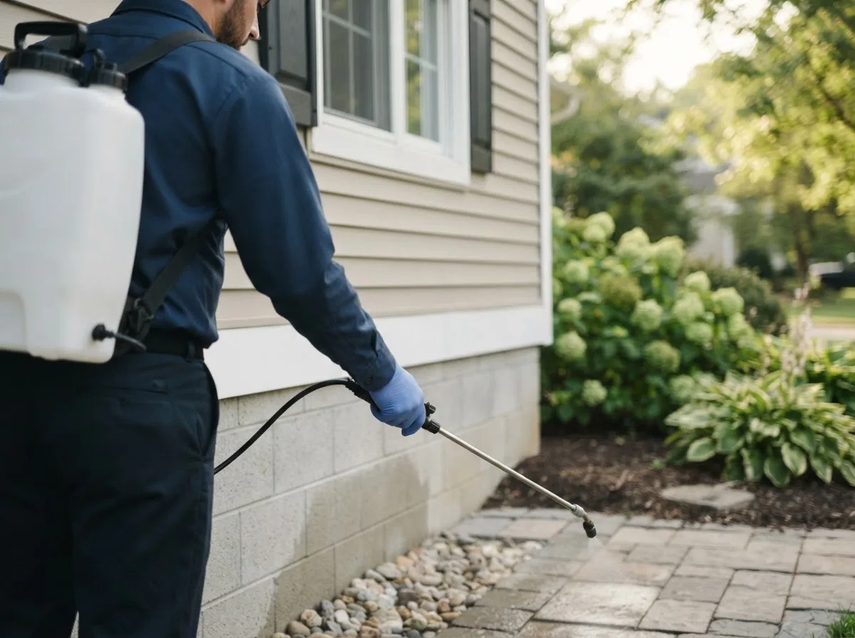 Pest control technician inspecting a home in Pleasant Prairie, WI